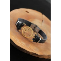 Gold Renk Yıldızlı Metal Aksesuarlı Siyah Deri Erkek Bileklik