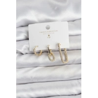 Gold Renk Zirkon Taşlı 3lü Kadın Küpe Seti
