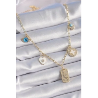 Gold Renk Zirkon Taşlı Çoklu Figür Model Şans Kolyesi