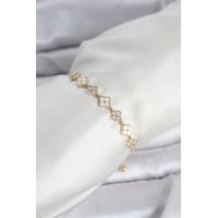 Gold Renk Zirkon Taşlı Sıralı Yonca Model Asansörlü Kadın Bileklik