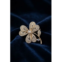 Gold Renk Zirkon Taşlı Yonca Model Broş