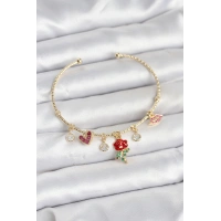 Gül Charmlı Gold Renk Pirinç Kadın Bileklik