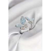 Gümüş Renk Mavi Kelebek Model Zirkon Taşlı Kadın Yüzük