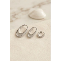 Gümüş Renk Oval Halka Model Zirkon Taşlı 3 lü Küpe Set