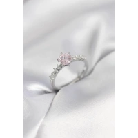 Gümüş Renk Pembe Tek Taş Model Zirkon Taşlı Kadın Yüzük