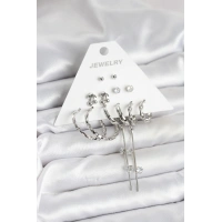 Gümüş Renk Pirinç 6lı Kadın Küpe Seti