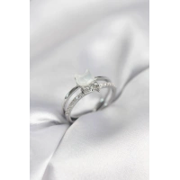 Gümüş Renk Sedefli Kedi Model Fiyonklu Zirkon Taşlı Kadın Yüzük