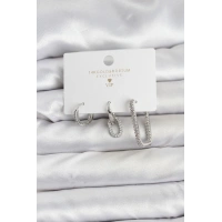 Gümüş Renk Zirkon Taşlı 3lü Kadın Küpe Seti