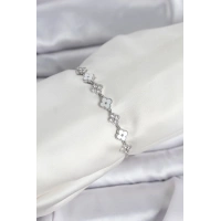 Gümüş Renk Zirkon Taşlı Sıralı Yonca Model Asansörlü Kadın Bileklik