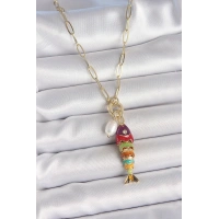 İnci Detaylı Zirkon Taşlı Rainbow Balık Figürlü Gold Renk Pirinç Kolye