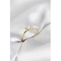 İncili Kelebek Model Gold Renk Pirinç Kadın Yüzük