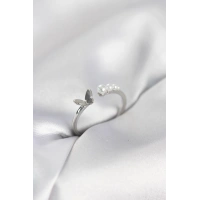 İncili Kelebek Model Gümüş Renk Pirinç Kadın Yüzük