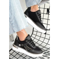 Junda Siyah Cilt Bağcıklı Spor Ayakkabı