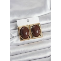 Kahverengi Kare Model Vintage Gold Renk Kadın Küpe