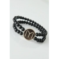 Kahverengi Metal Üzerine Eskitme Gümüş Kayı Boyu Figürlü Siyah Renk Çift Sıra Doğal Taş Erkek Bileklik