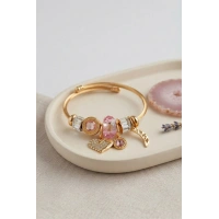 Kalp Model Gold Renk Pembe Charmlı Bileklik