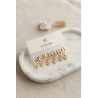 Kalp Zirkon Taşlı Gold Renk Pirinç Set Küpe
