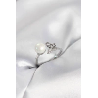 Kelebek İncili Model Gümüş Renk Zirkon Taşlı Kadın Yüzük