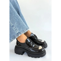 Kiya Siyah Rugan Dolgu Topuk Oxford Ayakkabı