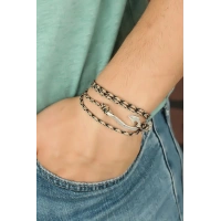 Krem Renk Çizgi Desenli Metal Kancalı Erkek Bileklik