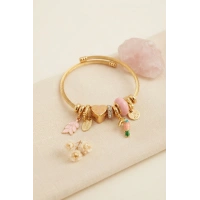 Kuş Figürlü Pembe Charmlı Gold Renk Bileklik