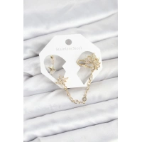 Kutup Yıldızı Model Pirinç Gold Renk Zincir Bağlantılı Ear Cuff Küpe Seti