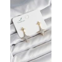 Kutup Yıldızı Pirinç Gold Renk Zirkon Taşlı Kadın Küpe