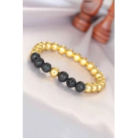 Lav Doğal Taş Detaylı Hematit Gold Renk Erkek Bileklik