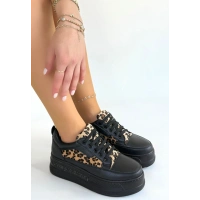 Lorrin Siyah Cilt Leopar Detaylı Bağcıklı Spor Ayakkabı