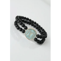 Mavi Renkli Metal Üzerine Kayı Boyu Figürlü Siyah Renk Çift Sıra Doğal Taş Erkek Bileklik