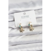 Mavi Taş Detaylı Pirinç Gold Renk Kadın Göçmen Küpesi