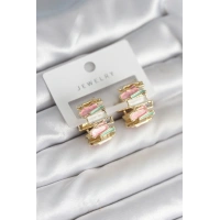 Mineli Karışık Renkli Gold Pirinç Kadın Küpe