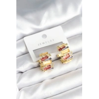 Mineli Karışık Renkli Gold Pirinç Kadın Küpe