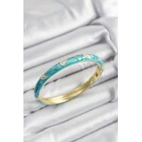 Mineli Pirinç Krem Ve Turkuaz Yaprak Motifli Gold Renk Kadın Kelepçe