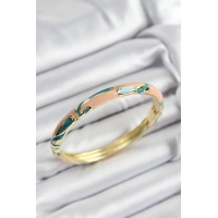 Mineli Pirinç Krem Ve Yeşil Mermer Motifli Gold Renk Kadın Kelepçe