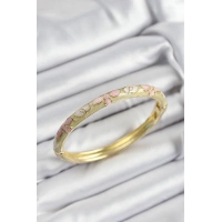 Mineli Pirinç Pembe Hardal Ve Krem Çiçek Motifli Gold Renk Kadın Kelepçe