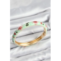 Mineli Pirinç Su Yeşili Çiçek Motifli Gold Kadın Kelepçe