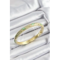 Mineli Pirinç Yeşil Yaprak Motifli Gold Renk Kadın Kelepçe