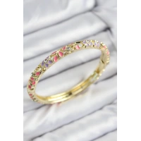 Mineli Pirinç Zirkon Taşlı Pembe Mor Çiçek Motifli Gold Kadın Kelepçe