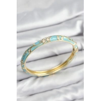 Mineli Pirinç Zirkon Taşlı Turkuaz Çiçek Motifli Gold Kadın Kelepçe