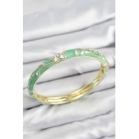 Mineli Pirinç Zirkon Taşlı Yeşil Çiçek Motifli Gold Kadın Kelepçe