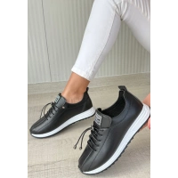 Monya Siyah Cilt Bağcıklı Spor Ayakkabı