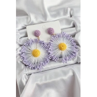 Mor Püsküllü Papatya Figürlü Hasır Örgü Model Gold Renk Kadın Küpe