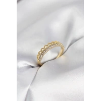 Motif Desenli Gold Renk Zirkon Taşlı Kadın Yüzük