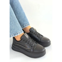 Natte Siyah Cilt Bağcıklı Spor Ayakkabı