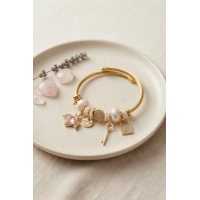 Pembe Kalp Model Gold Renk Charmlı Bileklik