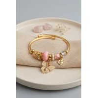 Pembe Kelebek Model Gold Renk Charmlı Bileklik