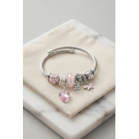 Pembe Kristal Kalp Charmlı Gümüş Renk Bileklik