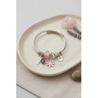 Pembe Papatya Charmlı Gümüş Renk Bileklik
