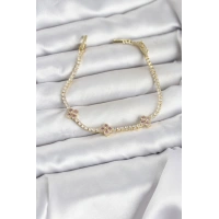 Pembe Yonca Detaylı Zirkon Taşlı Gold Renk Pirinç Su Yolu Kadın Bileklik